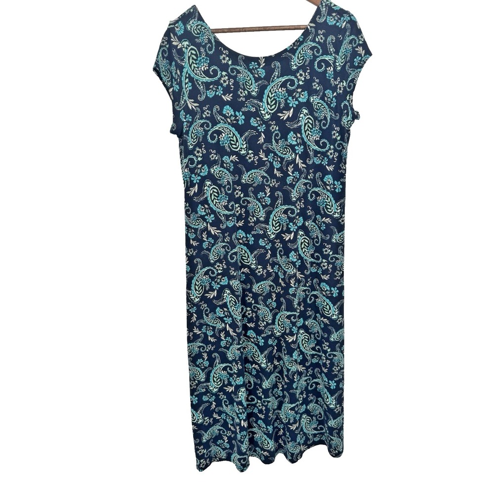 J. Jill M Petite Maxi Dress Blue Floral Paisley Cap Sleeves Stretch Comfort